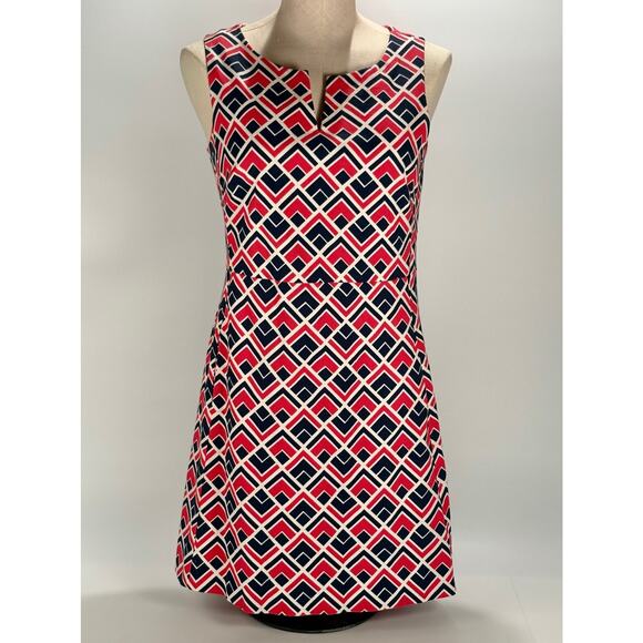 GAP Sheath Dress Sleeveless Pink Blue White Geometric Dress Midi Lined SIZE 4 90 - Picture 1 of 9
